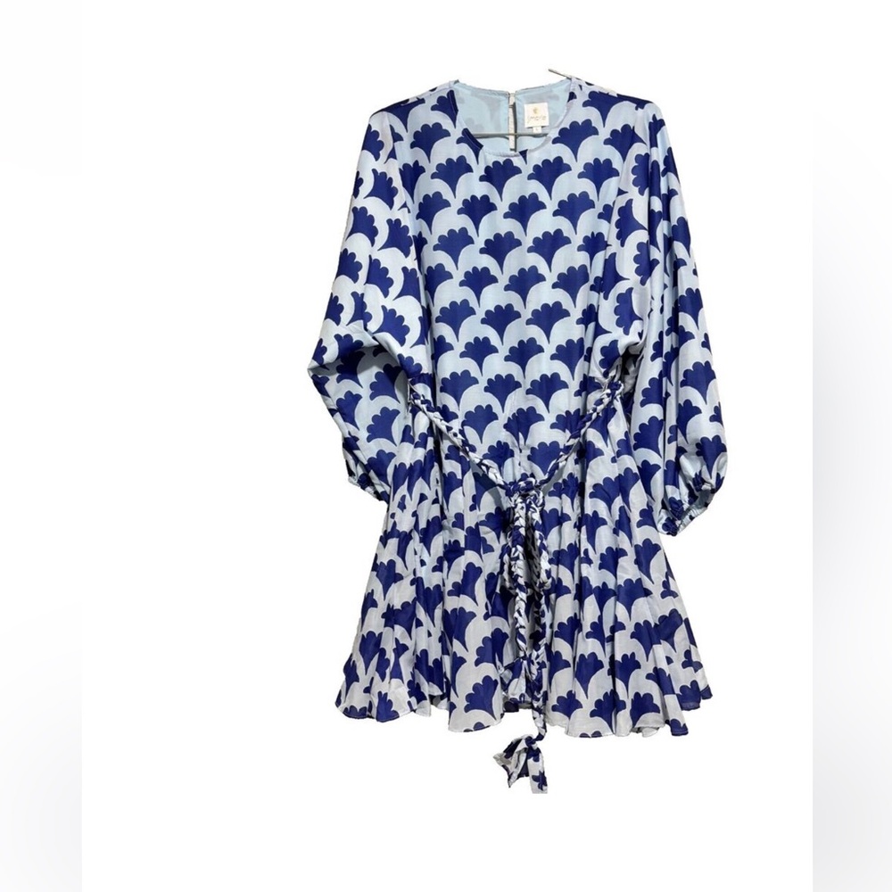 J. Marie Womens Tie Belt Rope Dress Blue Large Ginkgo Leaf Print Balloon Sleeve